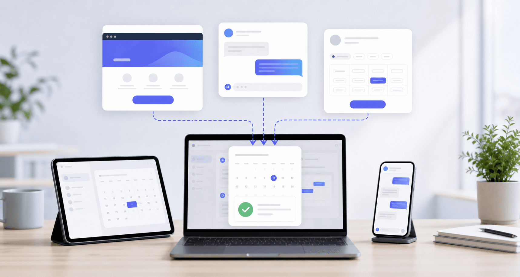 Booking entry points flowing from website, messages, and booking pages into one appointment calendar