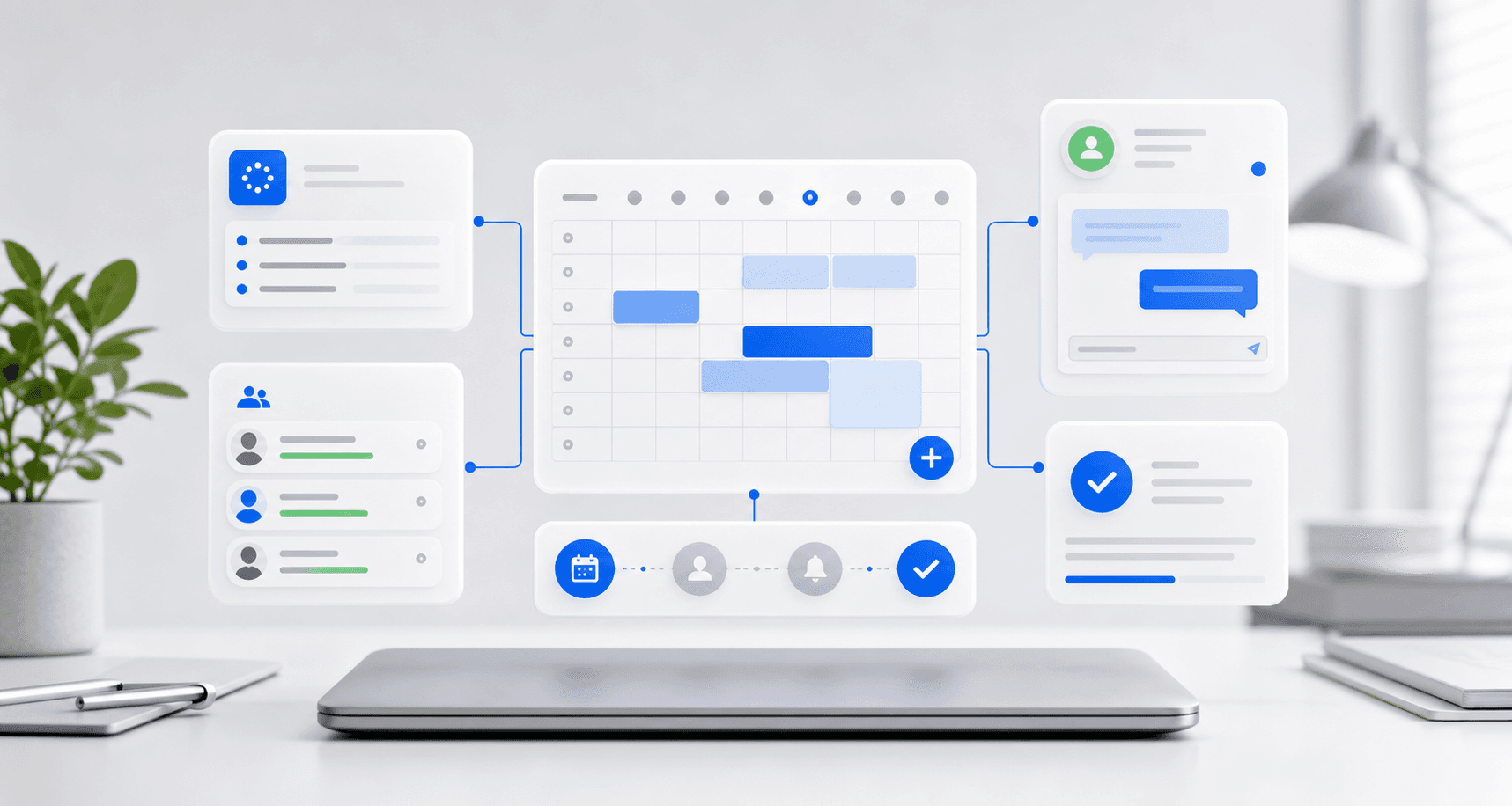 Organized booking operations workspace showing calendar, team availability, customer messages, and confirmations